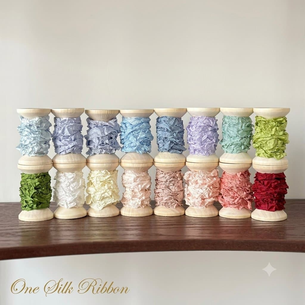 10mm Vintage Crinkle Silk Ribbon on Wooden Spool — 100% Pure Mulberry Silk