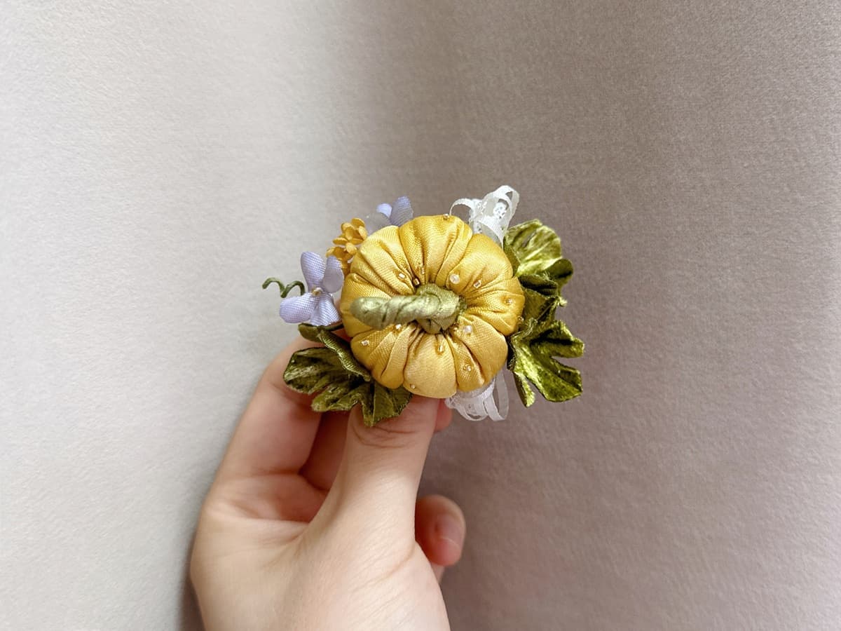 Handcrafted Gold Silk Pumpkin Brooch with Ribbon Embroidery | Coquette & Cottagecore Floral Pin